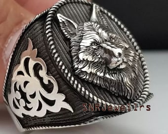 Sterling Silver Wolf Signet Ring, Alpha Boho Men's Animal Jewelry