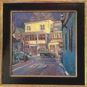 Pintura al óleo del condado de Bucks. Impresionista de Pensilvania, escena callejera de Doylestown.