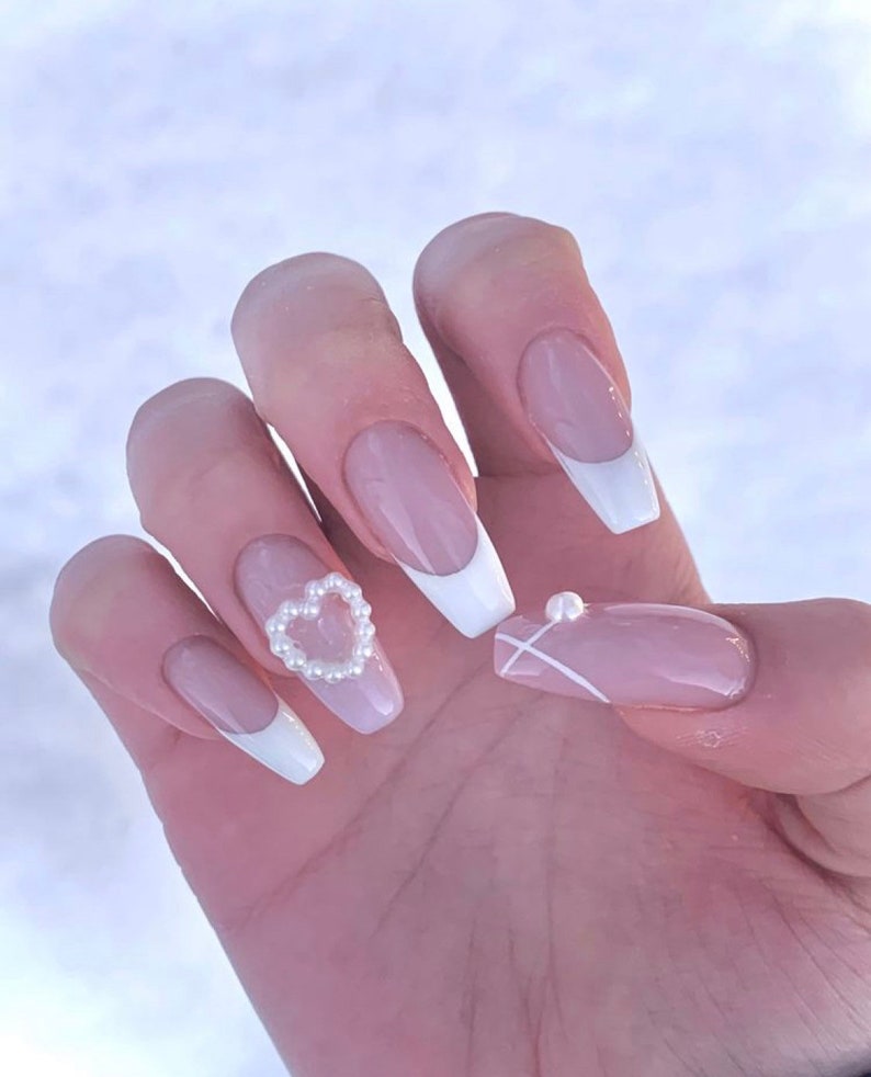 French Tip Nails Cute Heart Nails Coquette Nails Etsy Australia