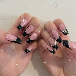 Black French Tips || Gemstone Nails