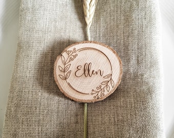 wooden wedding place names | place cards | reception etc. laser engraved tree trunk slices