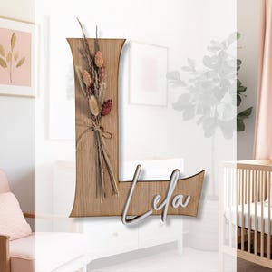 Letras de madera personalizables para habitación de bebé o niño | Chapa de roble | Con flores secas y nombre acrílico | Regalo de nacimiento perfecto