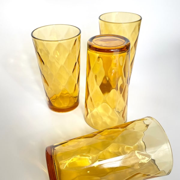 Vintage MCM Diamond Design Amber Glassware - Set of 4