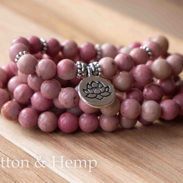 Natural Rhodochrosite Stone 108 Mala Beads Bracelet-Healing Meditation Spiritual Yoga Bracelet-Matte Mala Prayer Necklace-Gemstone Bracelet