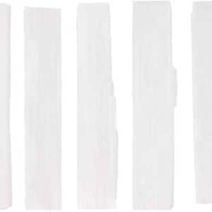 May include: Five rectangular, white selenite crystal wands are arranged vertically. The wands have a smooth, translucent appearance with visible natural striations. The crystals are a natural, off-white color.