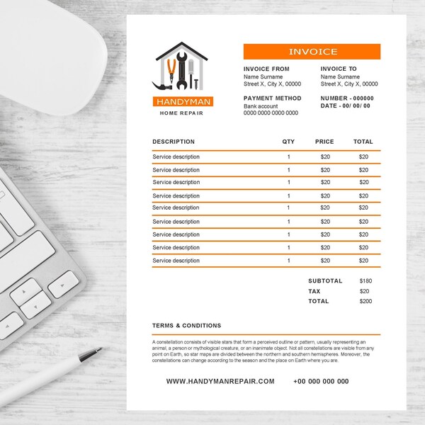 Handyman Invoice Template| Printable Invoice Template| Invoice Template for word| Invoice Template for Google Docs|  Instant Download