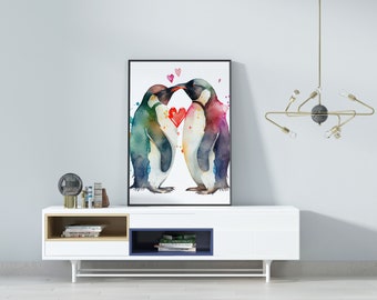 Valentines Watercolor Penguin Couple Wall Art| PDF Download| Love | with hearts| Valentines Day Gift| Wall Art| Digital Art