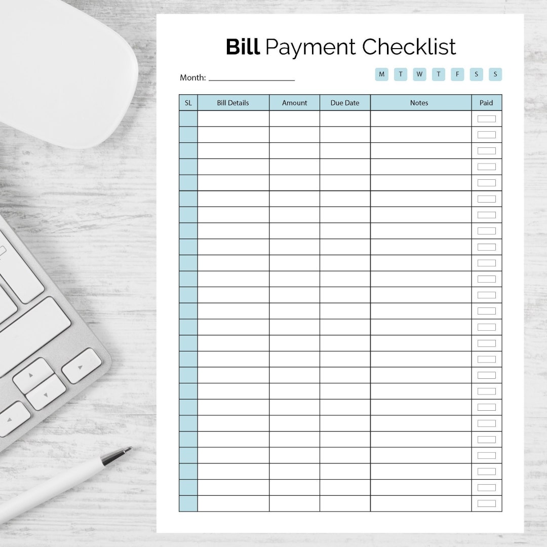 Bill Payment Checklist Printable Editable Word Doc Monthly Bill Payment