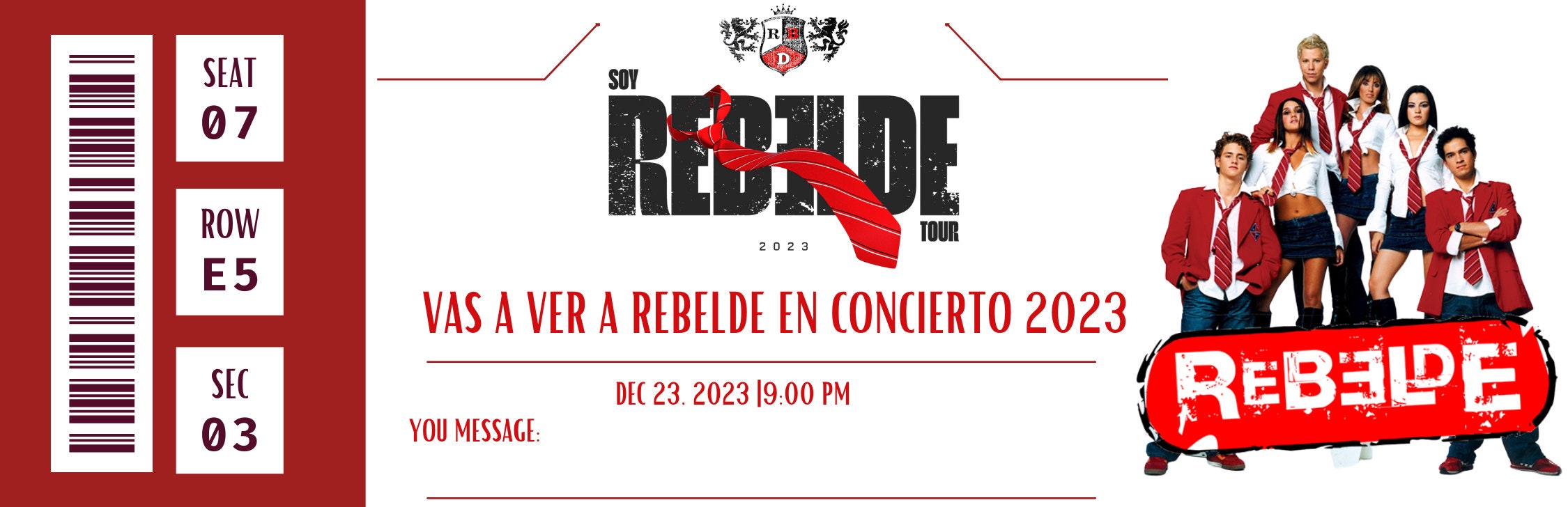 Rebelde Surprise Concert Ticket Personalized Ticket Boleto Sorpresa