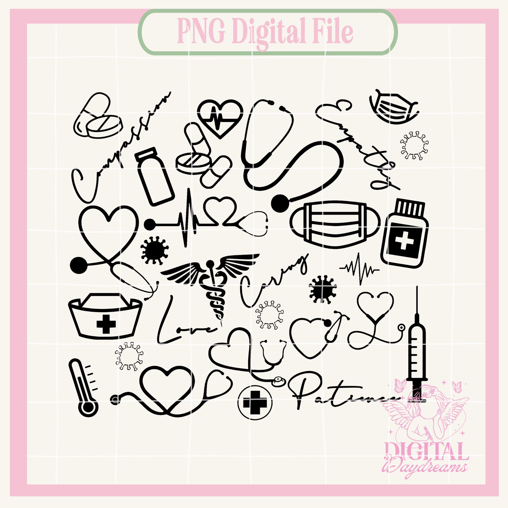 Healthcare Worker,Nurse Life Png,Nurse medical tools PNG,Nurse Doodles,Medical profession png,nurse adjectives,needle,pill,EKG,stethoscope,