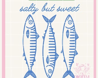 May include: A digital PNG file featuring three blue fish illustrations with the text "salty but sweet". The fish are stylized with detailed lines and are arranged vertically. The design is set against a grid background with a pink and green border.