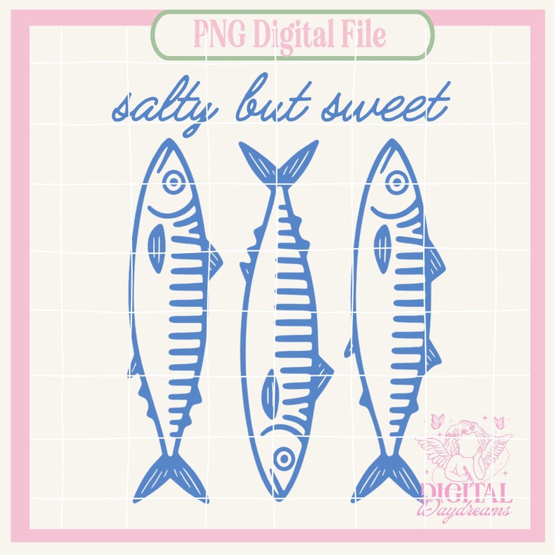 May include: A digital PNG file featuring three blue fish illustrations with the text "salty but sweet". The fish are stylized with detailed lines and are arranged vertically. The design is set against a grid background with a pink and green border.