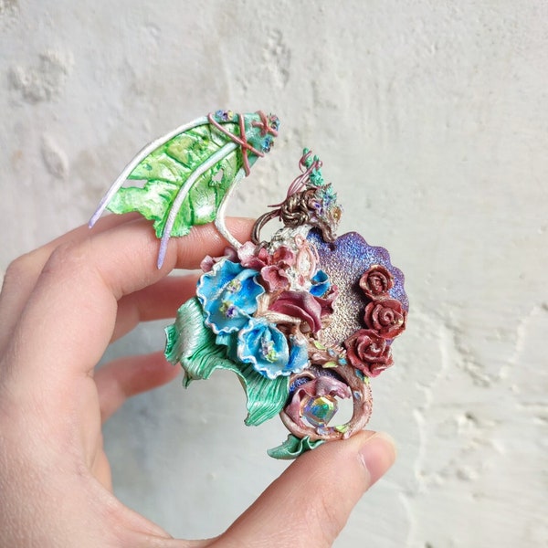 Flower Dragon Pendant, Spring pendant, dragon necklace, handmade dragon Pendant