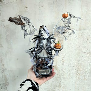 Creepy Sculpture with LED lights, handmade skeleton sculpture, dark statue, halloween figure clay, fantasy gothic art, skull art, bat figure