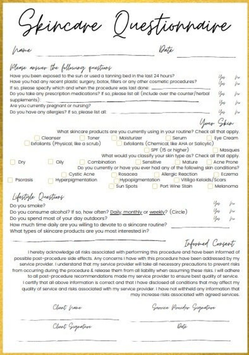 Skincare Questionnaire Form Facial Consultation Form Etsy