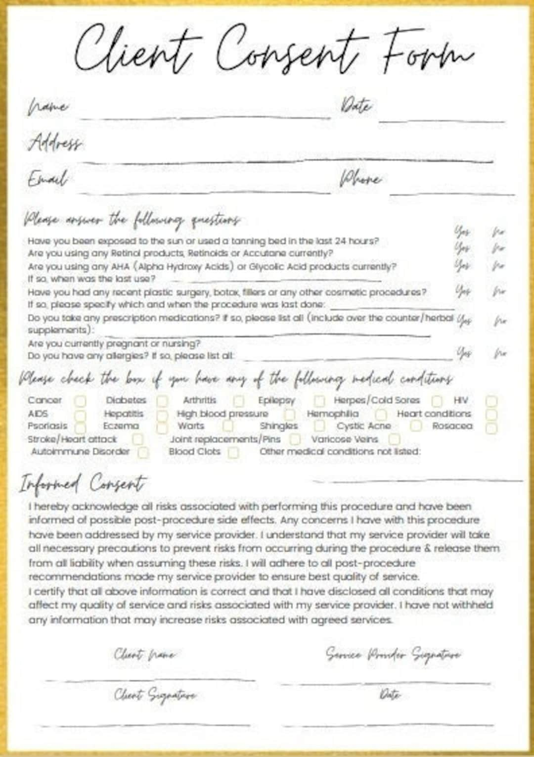 Client Consent Form General Spa Salon Massage Etsy