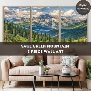 セージグリーンマウンテンウォールアートセット、風景画3点セット、抽象自然アート、モダンミニマルインテリア、松林デジタルダウンロード、ミスティ