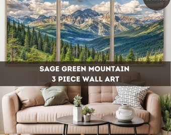Salie groene berg-printset: abstract dennenboslandschap (digitale download, png-bestand: 2720 x 4096 px)