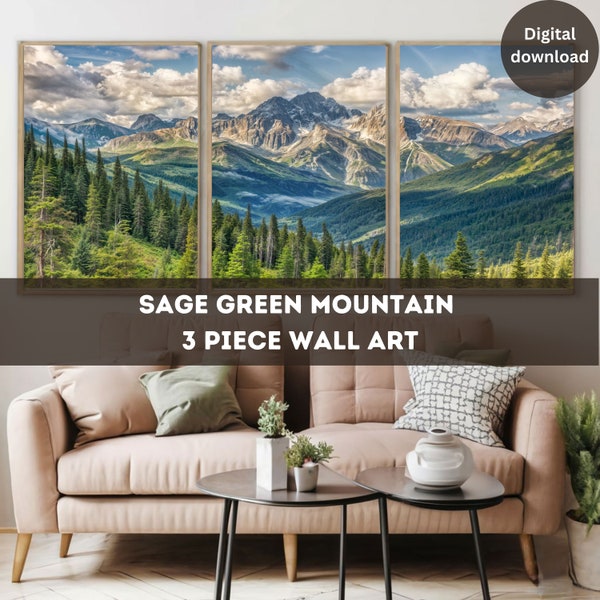 Sage Green Mountain Wall Art Set, 3 Piece Landscape Print, Abstract Nature Art, Modern Minimal Decor, Pine Forest Digital Download, Misty