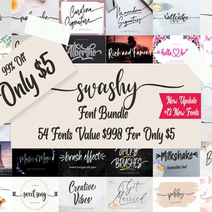 Puede incluir: Un collage de 54 fuentes diferentes, con una etiqueta grande que dice "Solo 5 €" y "99% de descuento". Las fuentes son todas escritas a mano y en cursiva, y están dispuestas en una cuadrícula. El texto "swashy Font Bundle" está en una fuente grande y cursiva en la parte superior de la imagen. El texto "54 Fuentes Valor 998 € Por Solo 5 €" está en una fuente más pequeña y sin serifas debajo del título.
