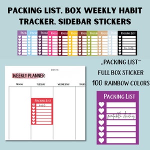 Puede incluir: Pegatinas imprimibles para lista de empaque con una página de planificador semanal. Las pegatinas son de varios colores arcoíris y tienen un diseño de corazón. El texto "Lista de empaque" está en las pegatinas y la página del planificador. La página del planificador tiene columnas para lunes, martes, miércoles y jueves.
