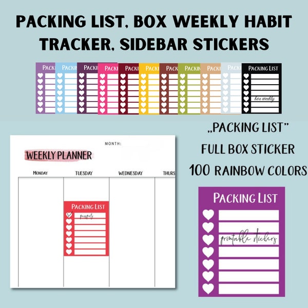 Productivity Planner Stickers Set - Packing List, Box Weekly Habit Tracker, Sidebar Stickers - Travel Packing List, 100 Rainbow Colors