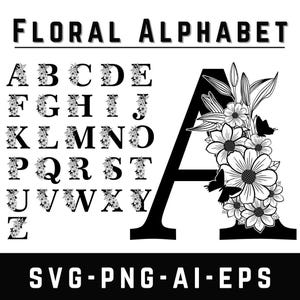 Floral Alphabet SVG: Monogram Letters A-Z, Flower Font (Digital Download)