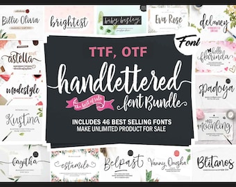 May include: A collection of 46 hand-lettered fonts in a bundle. The fonts are displayed in a collage of colorful backgrounds with floral and watercolor elements. The text "TTF, OTF handlettered font Bundle" is displayed in white on a black background.