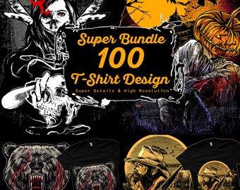 May include: A digital illustration of 100 t-shirt designs. The designs feature a variety of themes, including spooky, scary, and horror. The designs are in a dark and edgy style. The text "Super Bundle 100 T-Shirt Design" is displayed in a yellow banner.