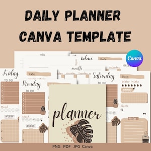 Puede incluir: Una plantilla de planificador diario en Canva con un esquema de color beige y marrón con un diseño de hoja tropical. La plantilla incluye secciones para listas de tareas, seguimiento del estado de ánimo, ingesta de agua, notas y citas.