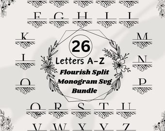 Flourish Split Monogram SVG Bundle: Floral Letters (26 svg/dxf/png)