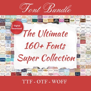 Puede incluir: Un gráfico de descarga digital rosa y blanco para un paquete de fuentes. El gráfico presenta el texto "Font Bundle", "The Ultimate 160+ Fonts", "Super Collection" y "TTF - OTF - WOFF".