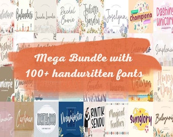 May include: A collage of colorful squares with handwritten font names, such as "Juliette Garden", "Dashing Unicorn", "Honey Dew", and "Magical Feather". The text "Mega Bundle with 100+ handwritten fonts" is in the center of the image.