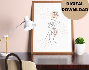 Woman And Flower Line Art, Feminine Poster, Digital Downloads, Printable Wall Art
