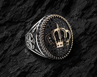 Sterling Silver Black Onyx Crown Ring, Ottoman Style Men