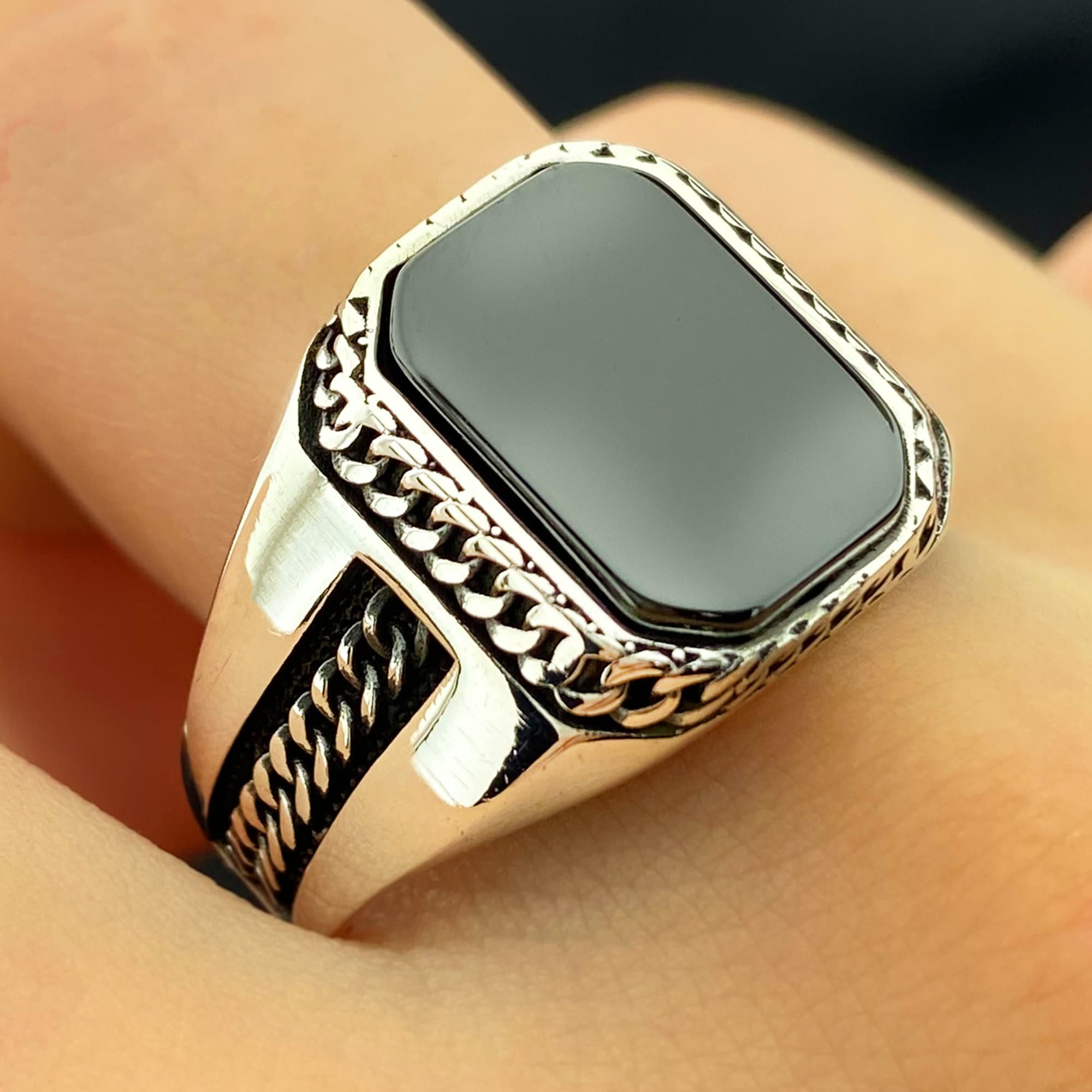 Gold mens ring with black deals stone