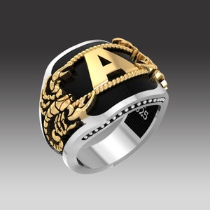 Letter Ring,Scorpion Animal Ring,Scorpion Handmade Sterling Silver Men Ring,Onyx Stone Men ring,Alphabet Type Ring,A-Z Initial Silver Ring