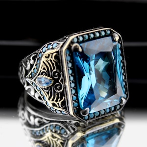 Men Blue Topaz Stone Ring Silver Ring, Aquamarine Ring 925K Silver Men Ring, Handmade Gemstone Ring, Vintage Men Ring, Silver Ring For Men