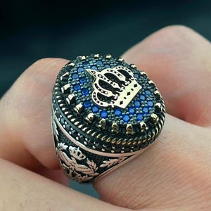 Crown Ring for Men, Navy blue Stone  Signet Ring, Handmade Royal Jewelry, King-Inspired Gift for Him, Unique Luxury Statement Ring