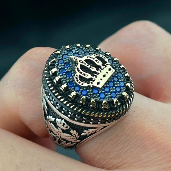 Crown Ring for Men, Navy Blue Stone Signet Ring, Handmade Royal