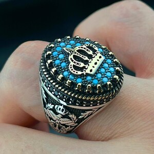 Crown Ring for Men, Blue Stone Signet Ring, Handmade Royal Jewelry, King-Inspired Gift for Him, Unique Luxury Statement Ring