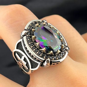 Mystic Topaz Stone Silver Men Ring,Faravahar ring,Persian Ring,Gift Ring,anniversary gift,father&#39;s day gift