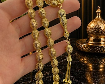 Tesbih de acero inoxidable dorado de 14k, rosario islámico para hombres, regalo de tasbih de primera calidad, rosario de acero duradero, regalo para Eid y Ramadán