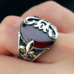 Fleur-de-Lis ring,Men&#39;s  Agate Stone Signet Ring, Fleur-de-Lis,Gothic Statement Jewelry for Men, Unique Gift for Him, Birthday gift