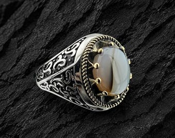 Agate Mens Ring, Handcrafted Ottoman 925 Sterling Silver Aqeeq Ring