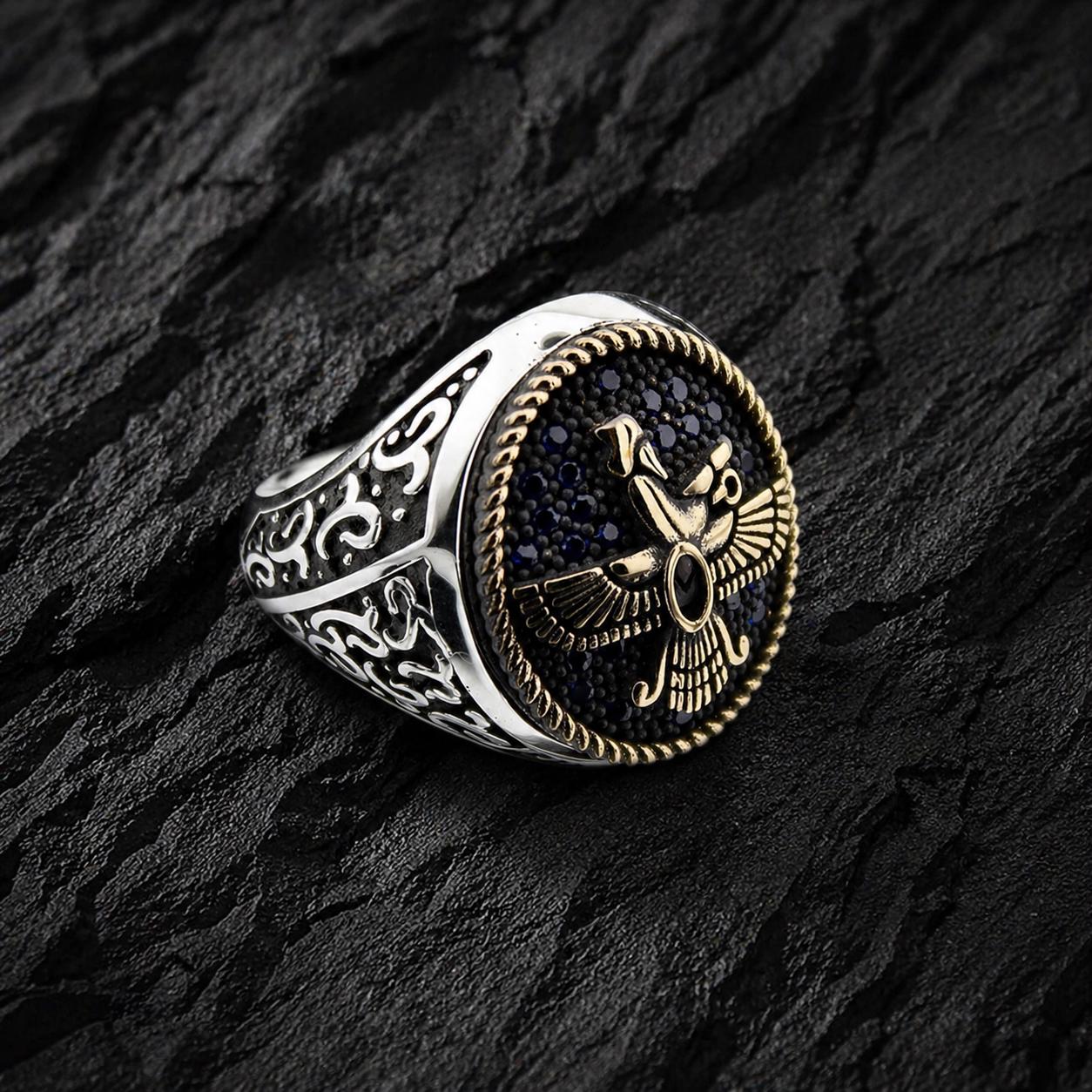 Faravahar Ring, Black Onyx, Ottoman 925 Sterling Silver Handmade