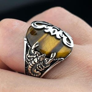 Scorpion Ring with Tiger Eye Gemstone, Men&#39;s Sterling Silver Gothic Jewelry, Unique Scorpio Gift for Him, Zodiac Sign Birthday Ring