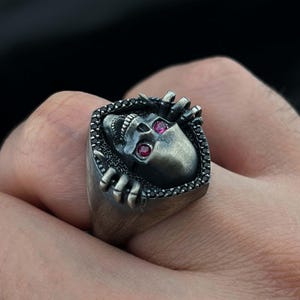 Gothic Skull Ring with Ruby Eyes, Sterling Silver Statement Jewelry, Unique Skeleton Ring, Halloween Gift for Him, Handmade Gothic Ring
