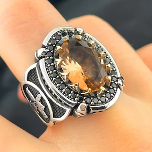 Anel de pedra citrina masculina, anel de pedra oval, anel turco feito à mão, prata esterlina 925, joias masculinas, anel estilo otomano, anel de presente