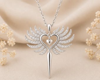 Sterling Silver Angel Wing Necklace, Heart Pendant